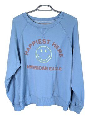 American Eagle Funday Happy Face Graphic Raglan-Sleeve Sweatshirt Blue Size L